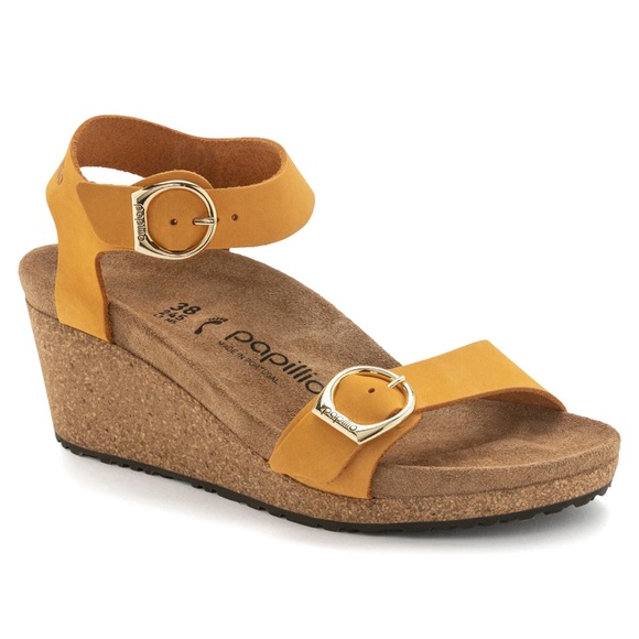 Birkenstock Papillio Leather Wedge Sandals Ankle Buckle Apricot Size 39 8 - Picture 1 of 12